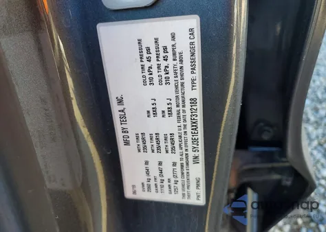 2019 Tesla Model 3 из США, поврежденный, VIN 5YJ3E1EAXKF312188